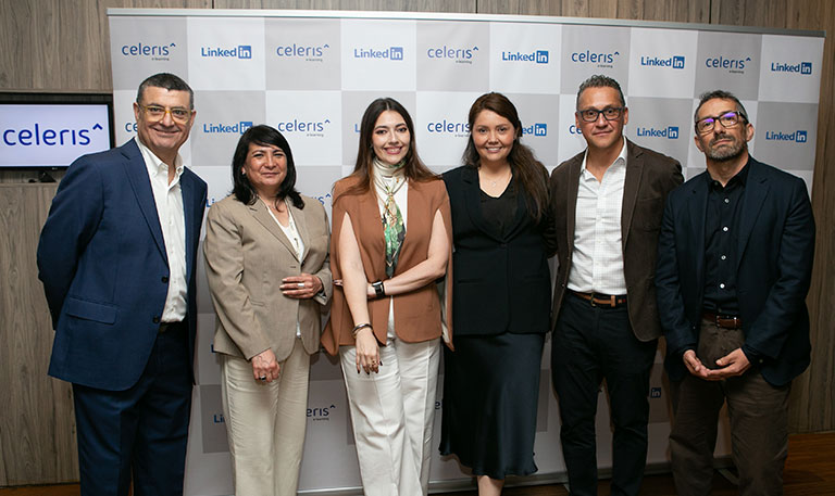Fernando Boeri, Geisser Herrera, Daniela Rodrígues, Paulina Silva, Luis Peña y Juan Luis Palacios en el evento corporativo que reafirma la alianza Celeris y Linkedin
